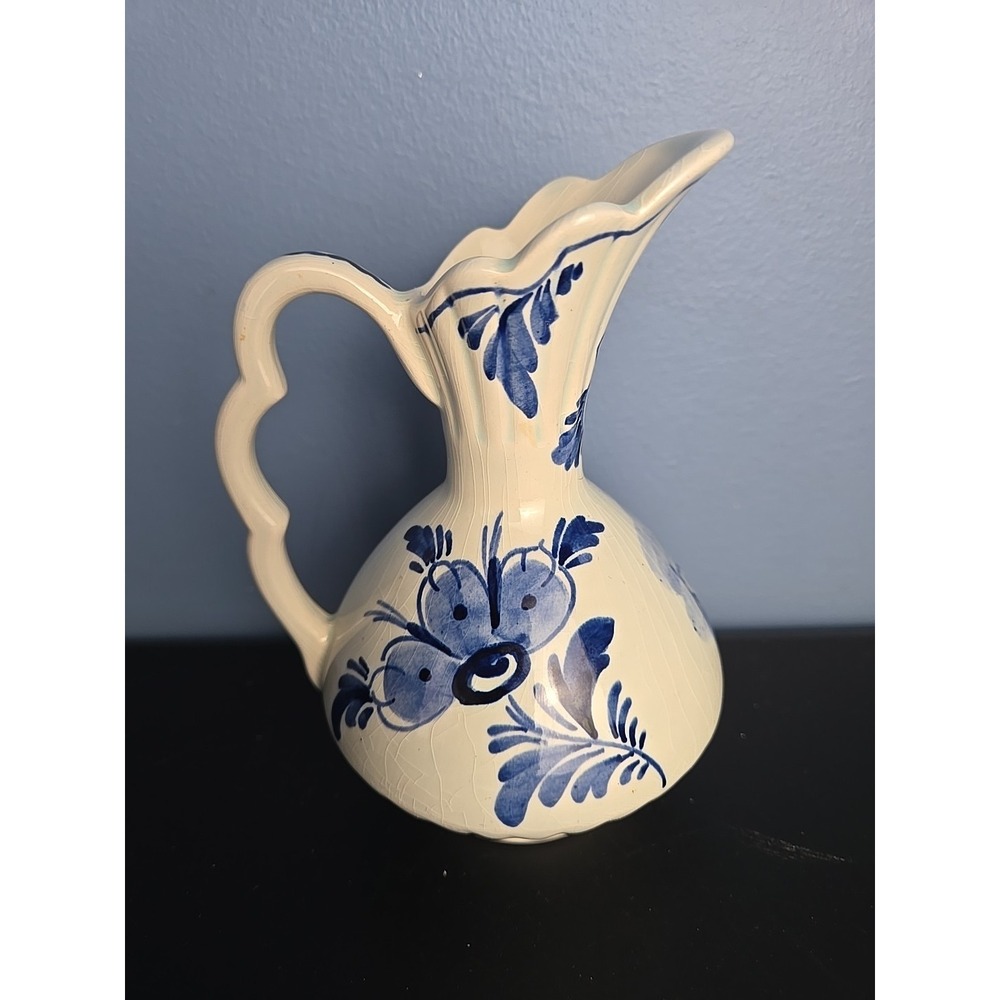Vtg‎ Hand painted Delft Blue White Pitcher Holland Floral Dutch Windmill 6"